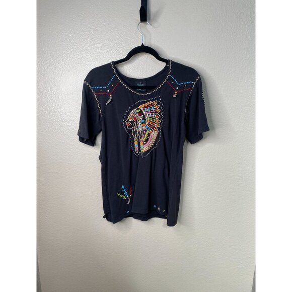 Sassy Sistas Embroidered Black T-Shirt Womens L Colorful Feather Scoop Neck - Picture 1 of 6
